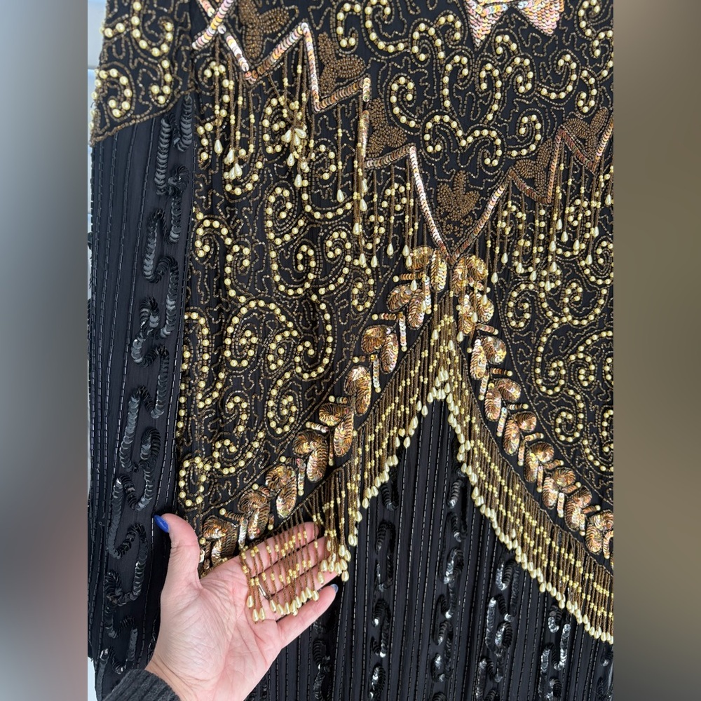 Rosita vintage black silk fully beaded and sequined long-sleeve evening gown 3X - Picture 6 of 16
